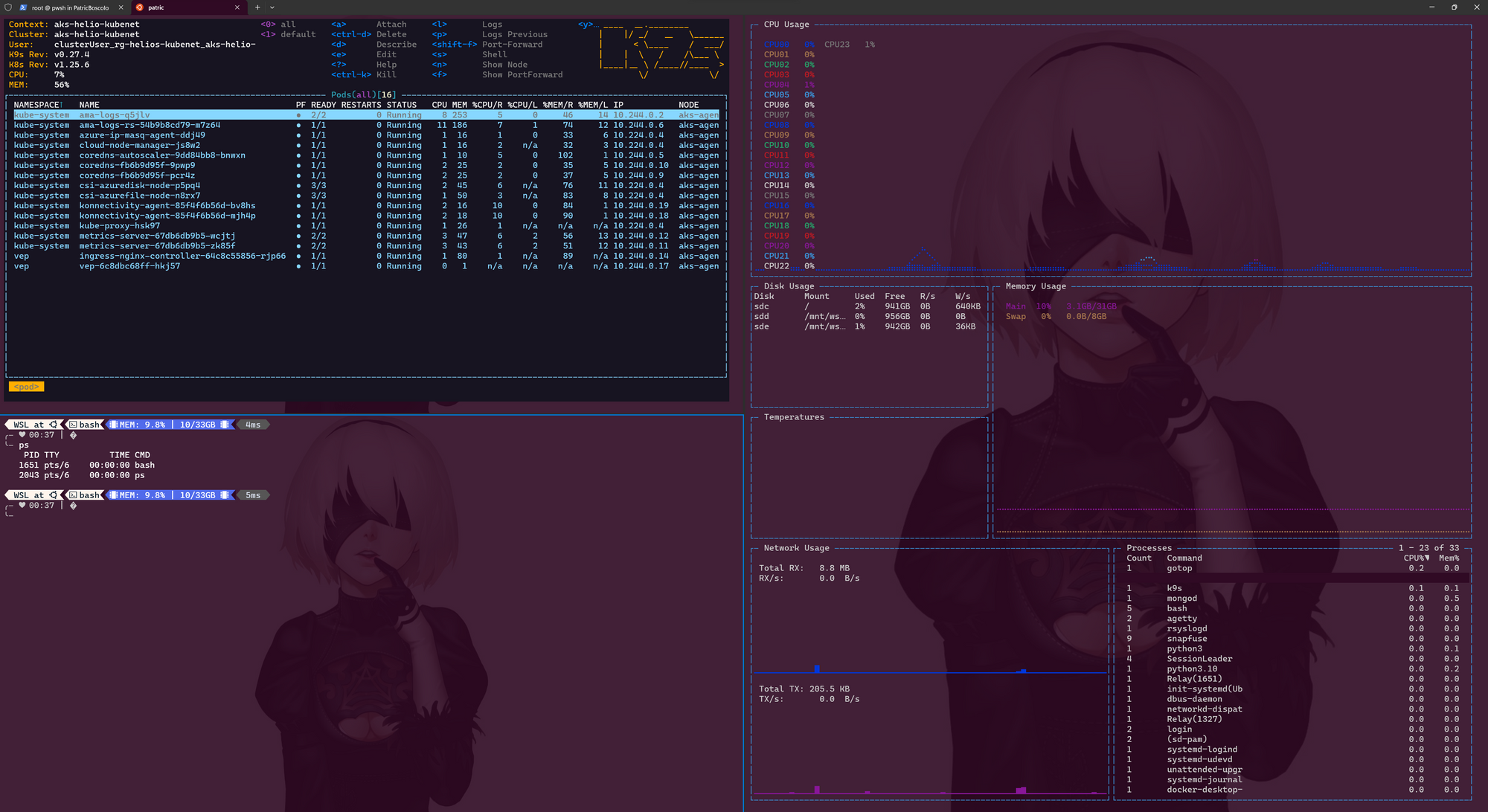 Screenshot of Windows Terminal running Ubuntu 22.04, gotop, k9s and ohmyposh