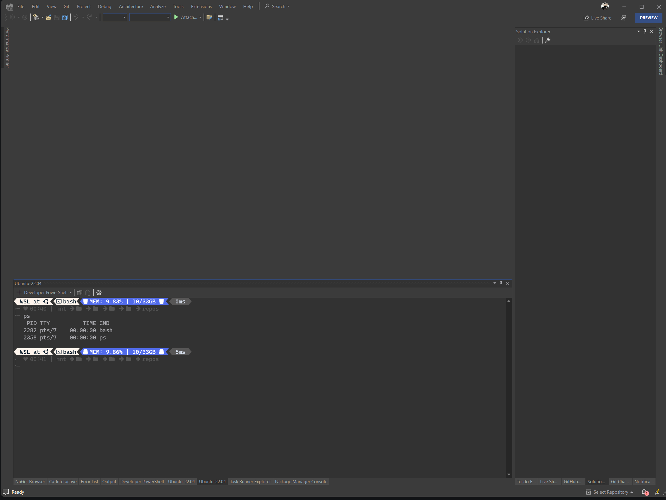 Microsoft Visual Studio 2022 using Nerd Font in Terminal Window