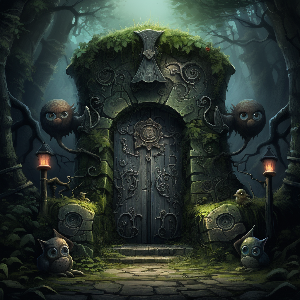 Image displaying a closed portal in a video Game with sweet looking creatures protecting the portal.